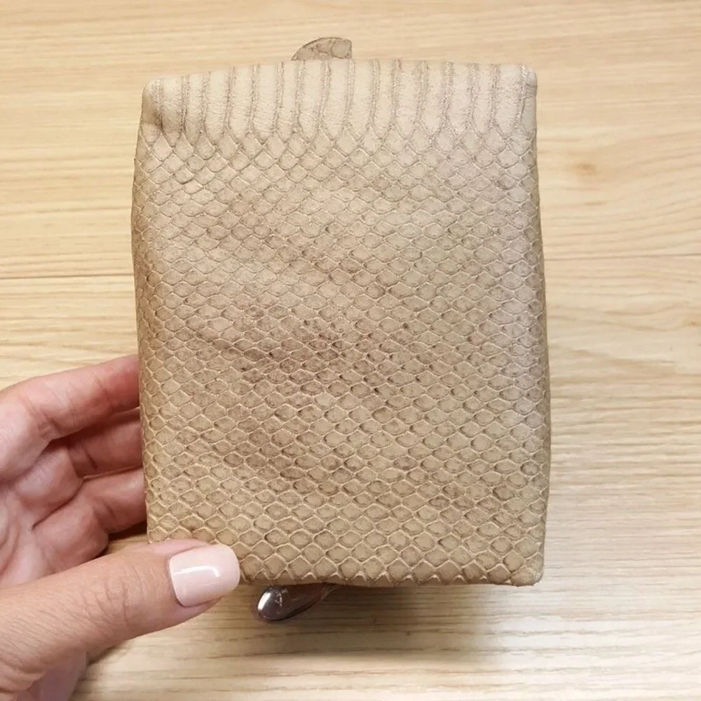 FURLA Small Leather Cosmetic Makeup Bag Taupe Snakeskin Embossed Zip Pouch